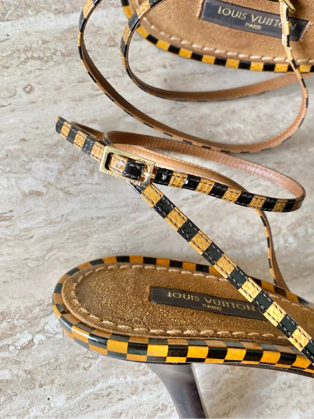 Vintage Louis Vuitton Damier LV Bow Ankle Strap Sandal Heels